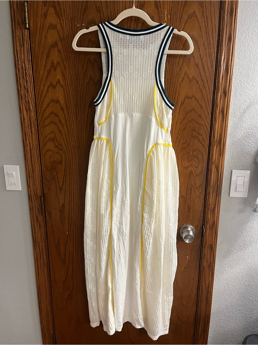 Anthropologie White Maxi Dress with Yellow Piping and Navy Trim s - Picture 4 of 4